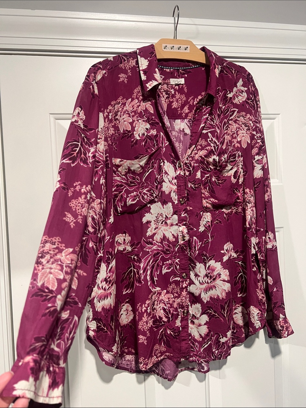 Pilcro Sz L Women’s Floral Button-Up Top Deep Pink Cream Tropical Resort Breezy